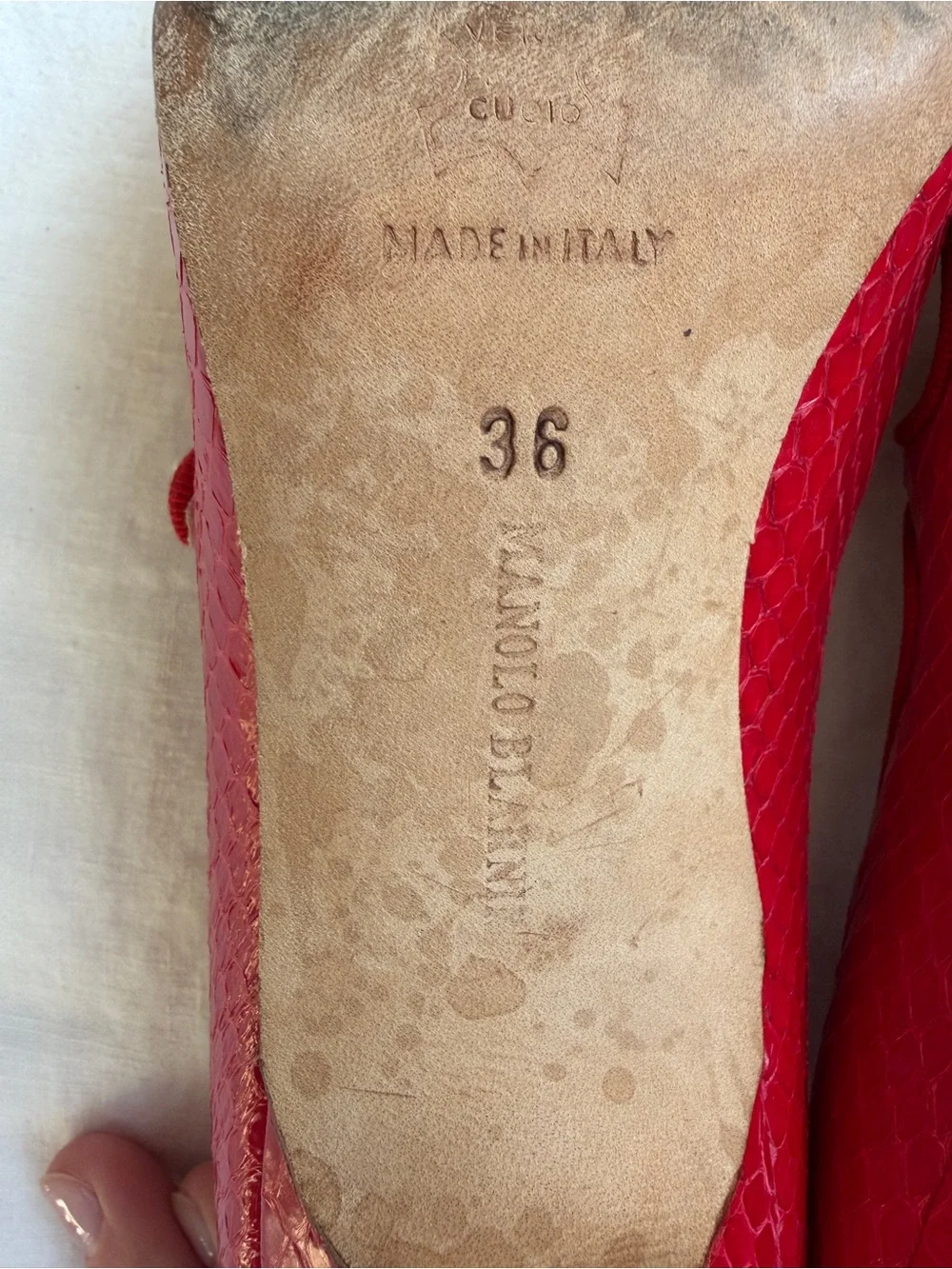Vintage Manolo Blahnik Python Snake Leather Pointy Toe Mary Jane Heels Red